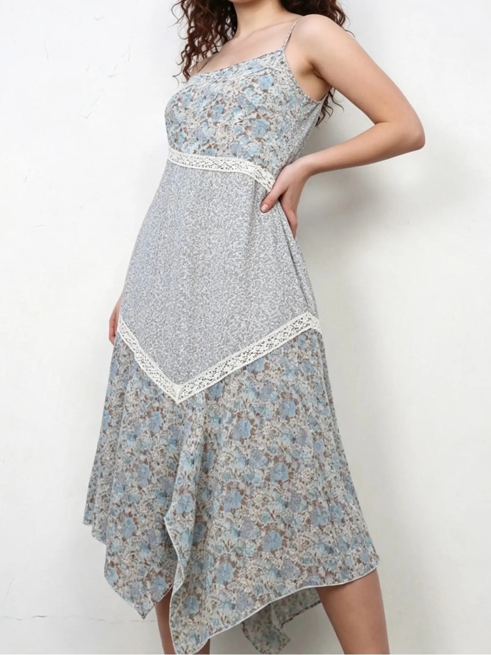 Vintage Blue Floral Asymmetrical Slip Dress with Cream Lace - 100% Viscose